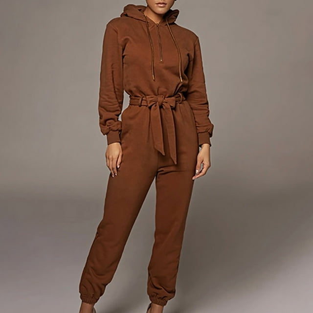 Pantalons Liquidation Combinaison Décontractée à Capuche Zippée à Manches Longues Col en V Printemps Automne pour Femmes Marron TP