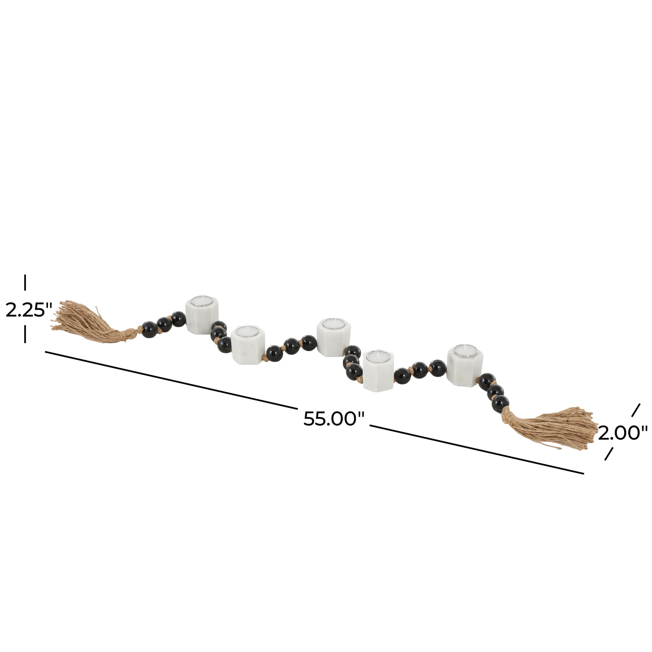 DecMode 5 Candle White Marble Hexagon Garland Candle Holder with Brown Tassel and Black Beads