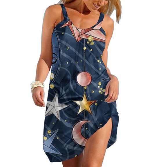 OAVQHLG3B Womens Dresses Sun Dresses Women Summer Casual 4th of July Outfits American flag Casual Round Neck Leisure And Entertainment Sling Digital Print Mini Dress