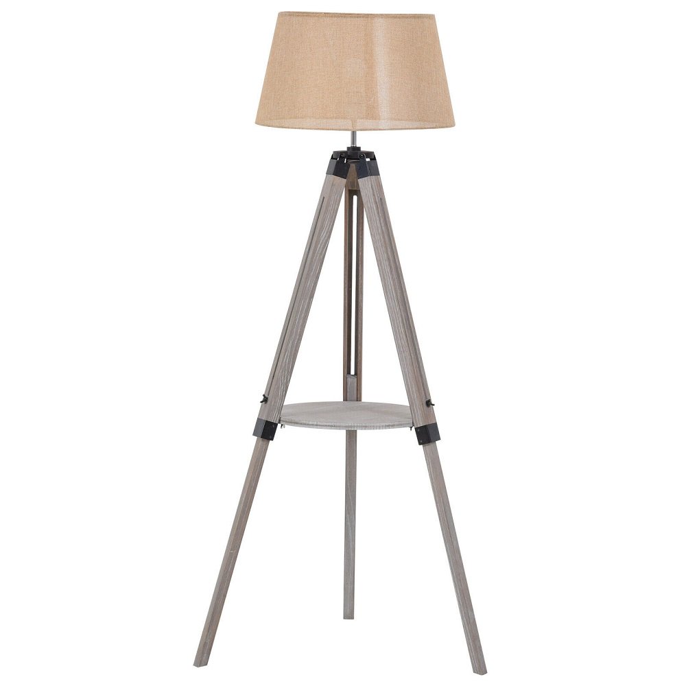 Solid Wood Tripod Floor Lamp with Shelf Height Adjustable Standing Lamp