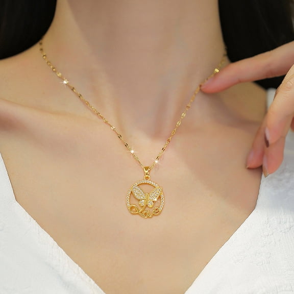 Luxury Design Gold Choker Necklace Female Rhinestone Butterfly Pendant Necklaces for Women 14K Yellow Gold Fashion femme Jewelry