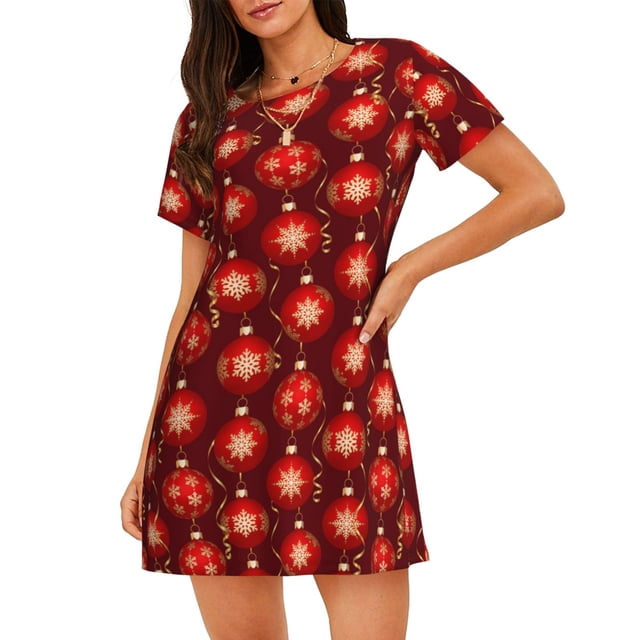 Vsdgher Chemise de Nuit à Manches Courtes Motif Boules Rouges de Noël pour Femmes, Col Rond, Mignonne, Confortable