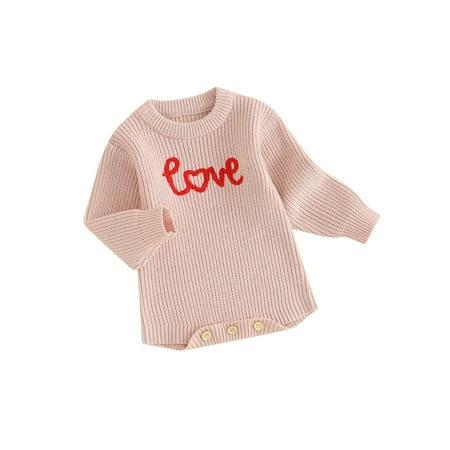 

FEORJGP Infant Girls Valentine s Day Romper Newborn Baby Long Sleeve Sweater Romper Crew Neck Knitwear Jumpsuit Letter Embroidery Bodysuit Knitted Chunky Cable Clothes