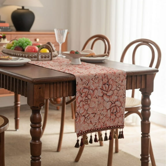 Decorative Table Runner with Tassels, Floral Pattern, Coral Pink, Jacquard Fabric, Elegant Dining Room Decor,13*72in