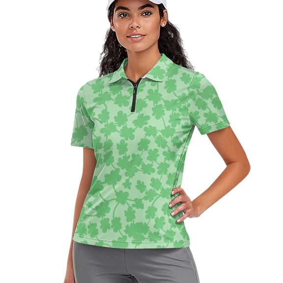 Whosucclay Green Clover Pattern Moisture Wicking Women Zip Golf Shirts, Polyester Polo Shirts Breathable Soft Sport Shirt for Tennis Travel Hiking Size Small