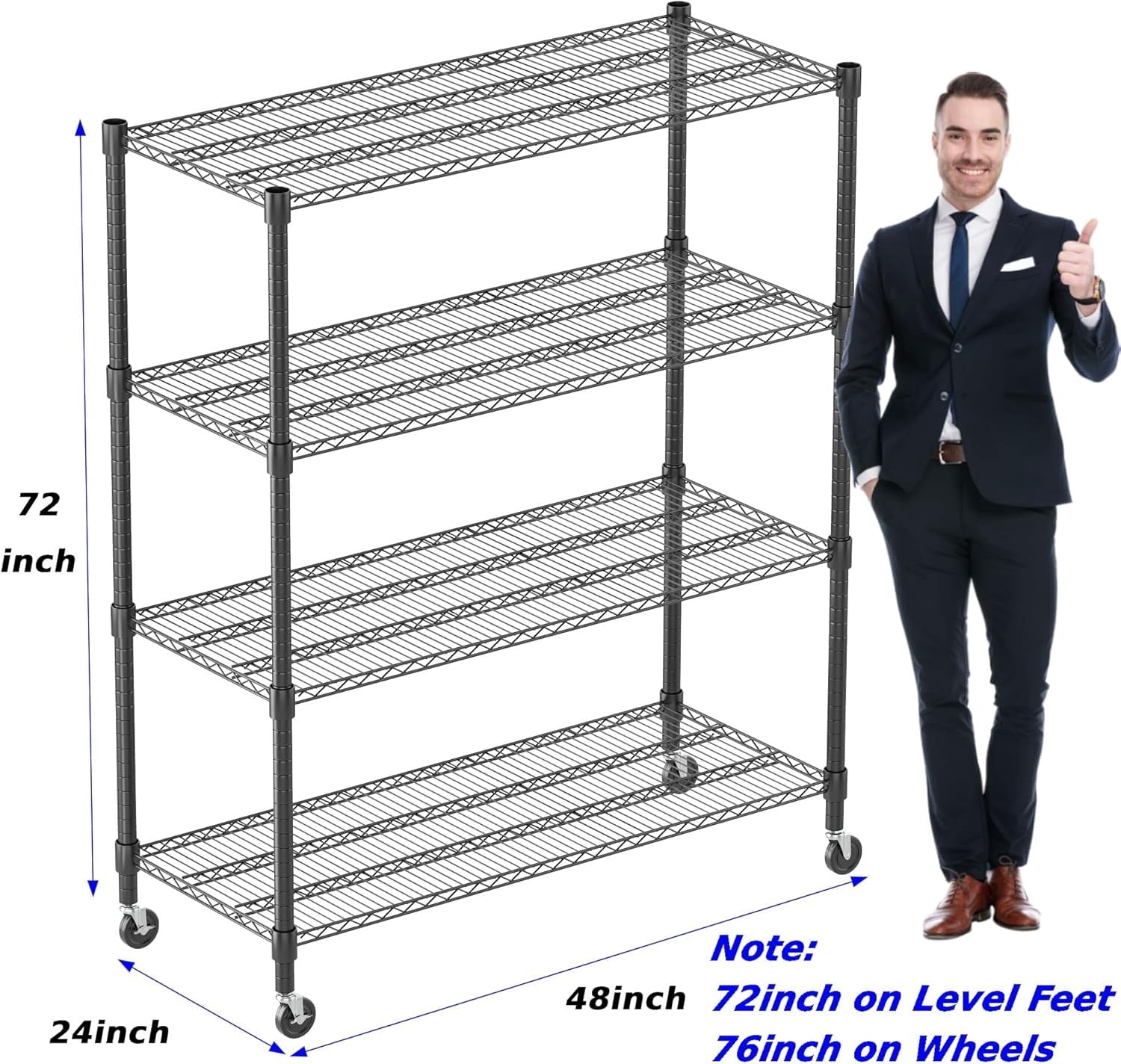 Sailvan 4-Tier Heavy Duty Wire Shelving Unit with Wheels, 48"W x 24"D x 72"H Metal Storage Rack, 3250LBS Capacity, Adjustable Garage Shelves,Silver