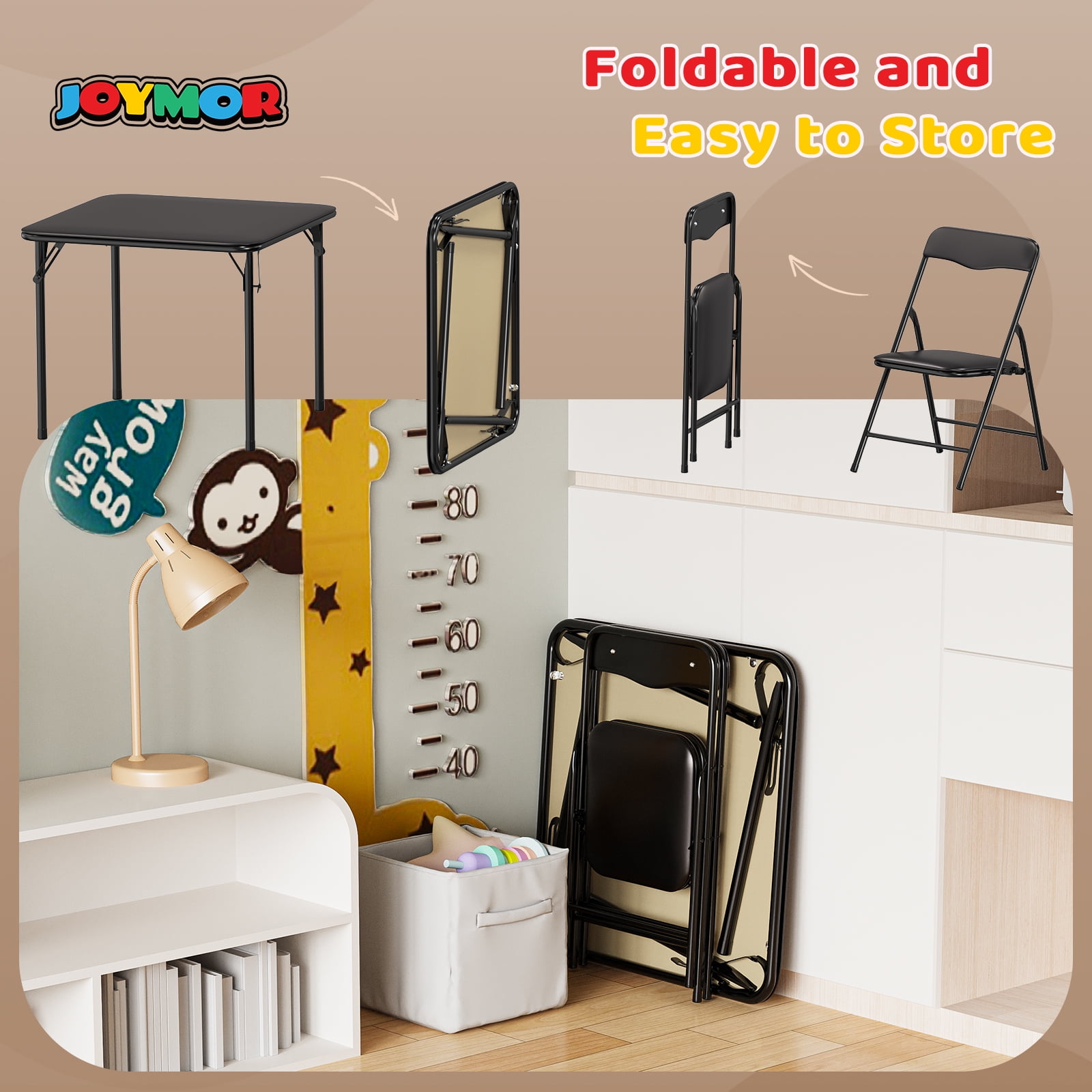 Matladin 3-Piece Kids Folding Table and Chairs Set, Metal Frame Children's Activity Set with Easy-Fold Design, Kids Table with 2 Chairs