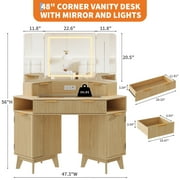 Modern Fluted Corner Vanity Desk with Triple HD Glass Mirror, 3 Lighting Modes, Charging Station, 3 Drawers, 2 Cabinets, Bedroom Makeup Table with Storage, 48 Oak