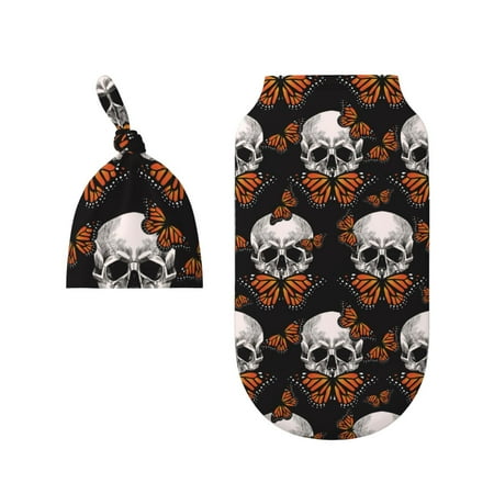 

Wukai Butterfly Skull Newborn Swaddle Set 100% Cotton Matching Headband and Beanie Set