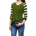 thumbnail image 1 of Tops A Rayas Con Cuello En V Y Mangas Raglán Largas Para Mujer Verde blanco XS, 1 of 6