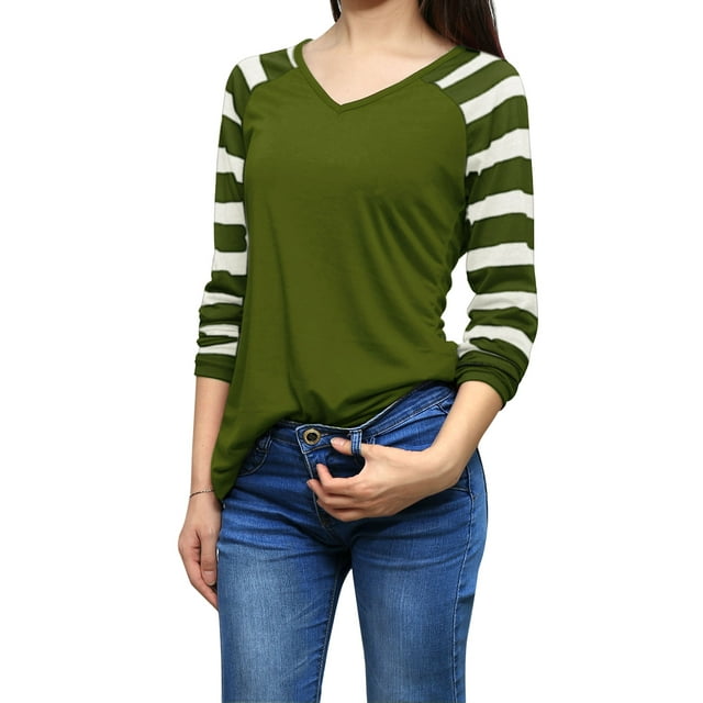 Unique Bargains T-shirt à Manches Longues Raglan Rayé Col en V pour Femmes