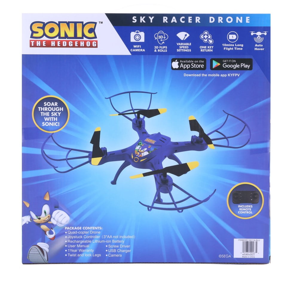 Sonic The Hedgehog Sky Racer Drone - Wi-Fi Camera, Kid's Toy Drone with 10 Min Flight, Auto Hover, and Remote Controller Included