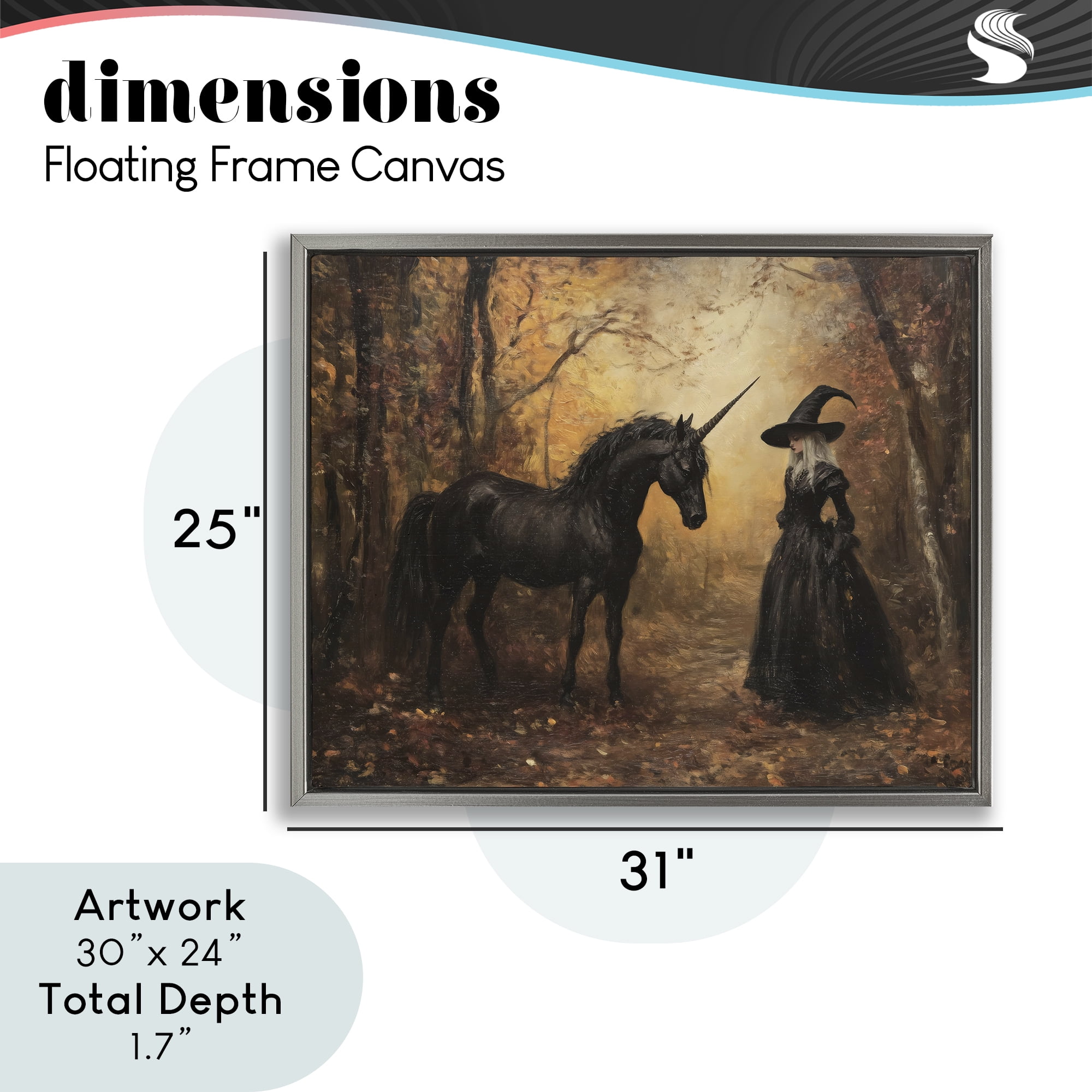 Witch & Black Unicorn Gray Framed Floater Canvas Wall Art, design by Arlington Prints