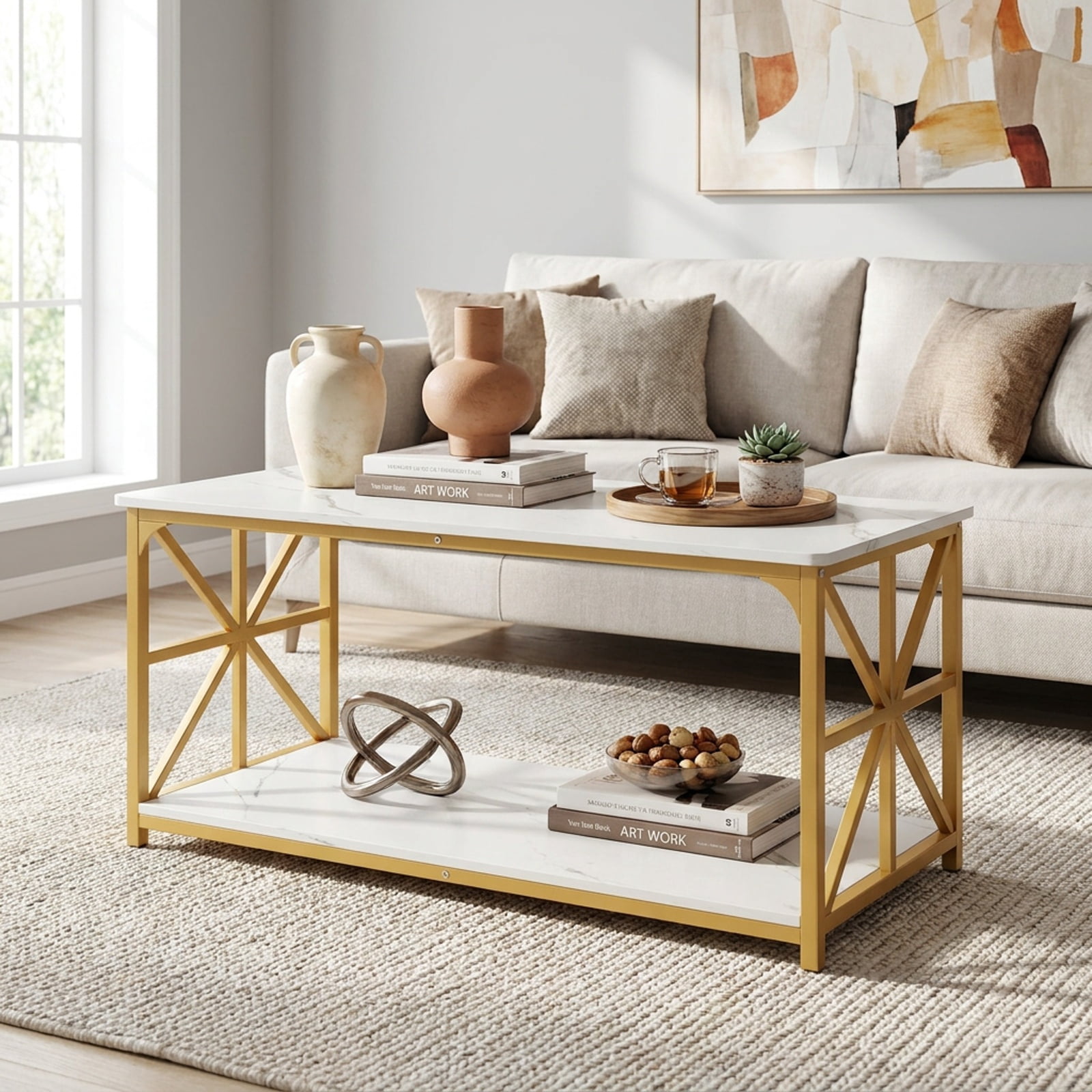 Furnibear 2-Tier Modern Center Coffee Table with Bottom Storage Shelf and Gold X-Accent Carbon Steel Frame for Living Room, White