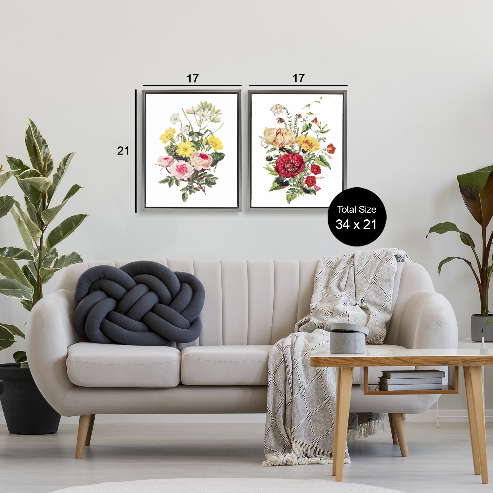 Mixed Flower Bushels 2 Piece Gray Framed Floater Canvas Set, design by Lettered and Lined