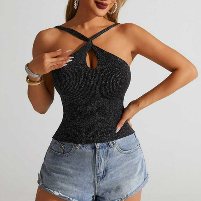 JGGSPWM Women's Ribbed Cross-Strap Crop Tank Top Keyhole Hollow