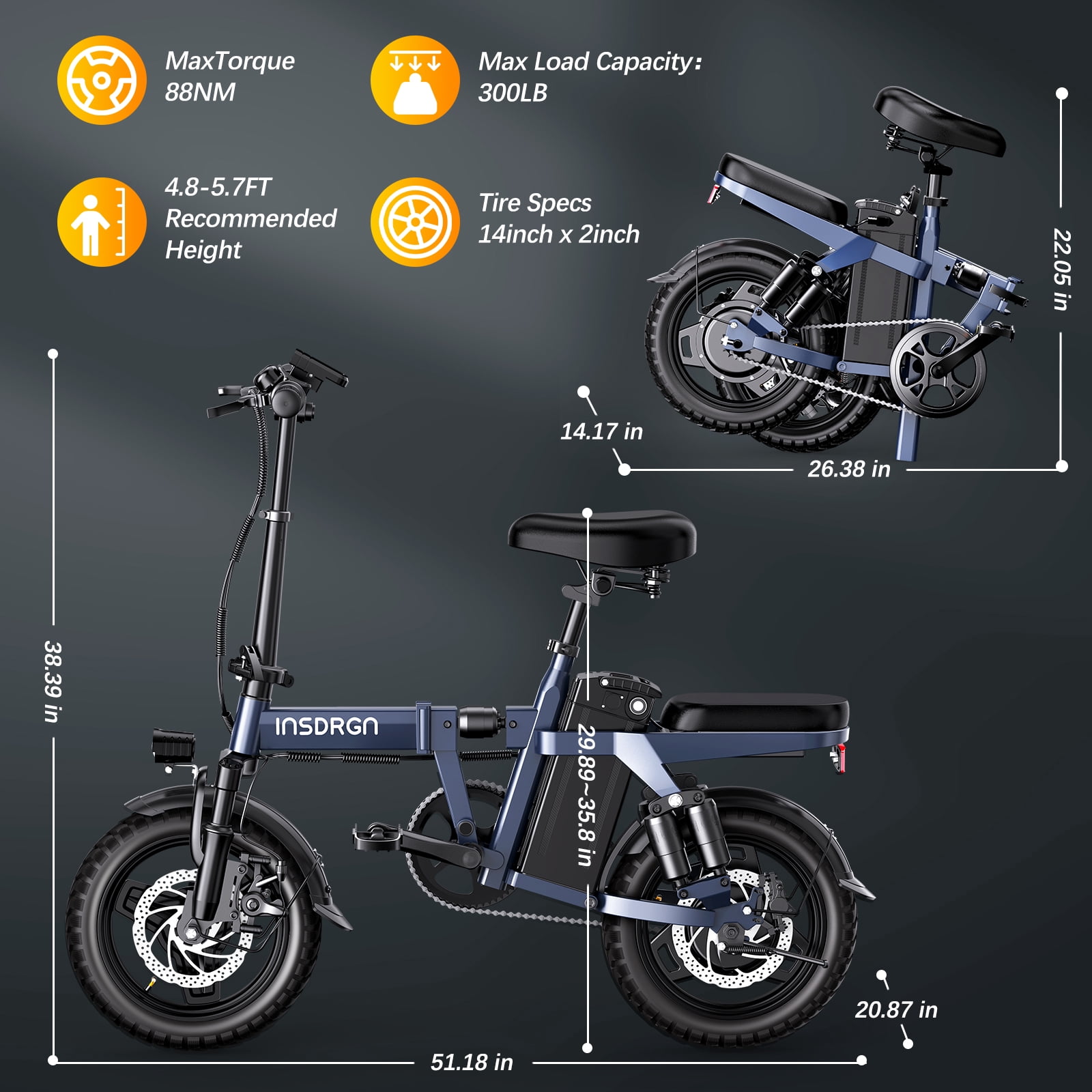 INSDRGN Folding Electric Bike for Teenager and Adults, 16AH 48V Battery 14" Electric Bike 1500W Peak Motor, 62 Miles Range, Mini Ebike for City Commuter, UL2849