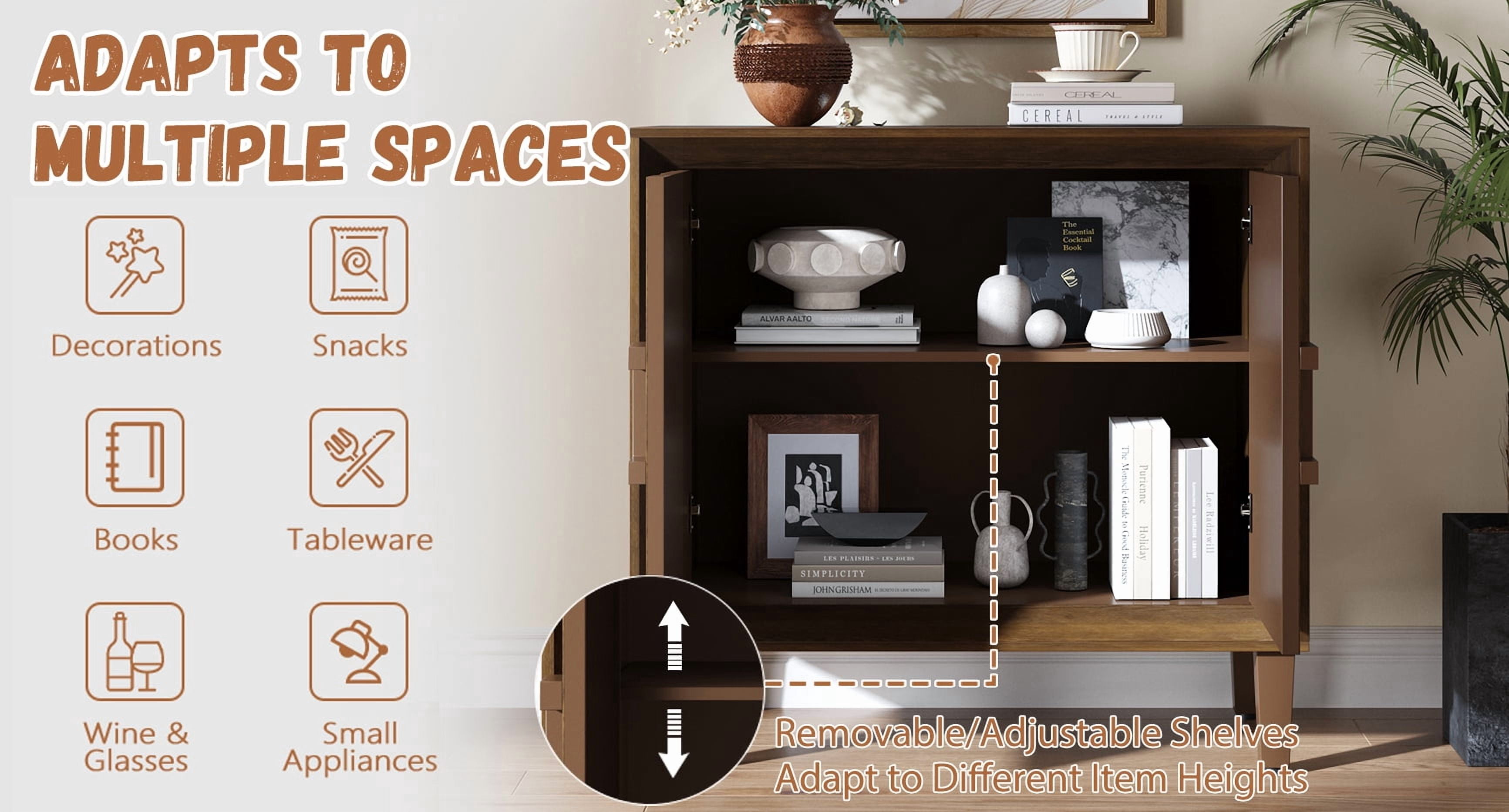 31.5" Modular Credenza Sideboard Buffet, Small Space Cabinet with Symmetrical Sunburst Doors, Accent Cabinet with Adjustable Shelves for Dining Room, Entryway & Hallway