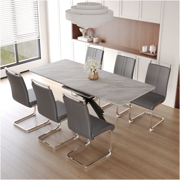JERFIT Modern Expandable Dining Table Set for 8 with Grey Fabric Chairs, X-Shaped Metal Legs