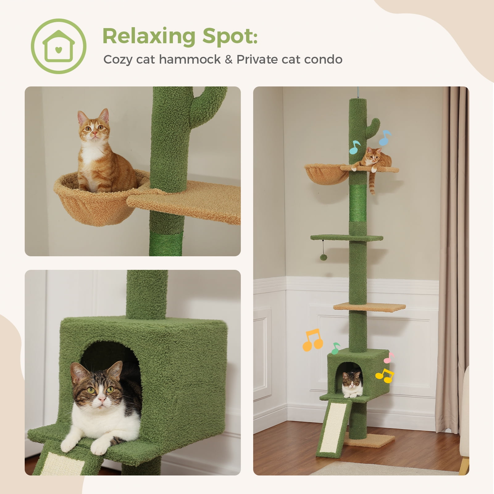 Pefilos 5 Tiers Cactus Cat Tree Floor to Ceiling, Adjustable Height (83"-108") Climbing Cat Tower for Indoor Cats with Condo, Scratching Post, Green