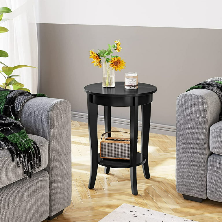 Black End Table Living Room Small Side Table with 2-Tier Storage