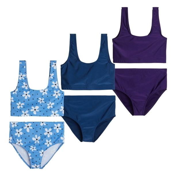 Real Essentials 3 Pack Girl's 2Piece Beach Sport Bikini Swimsuit Swimwear for Girls UPF 50