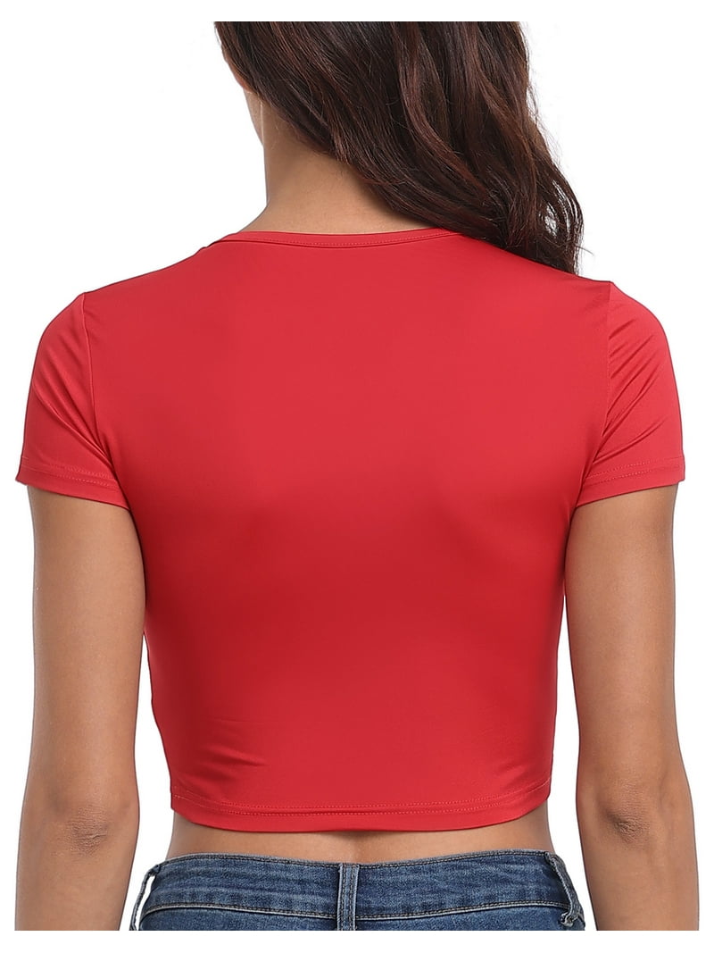HDE Women's Y2K Heart Keyhole Cut-Out Short Sleeve Crop Top Red