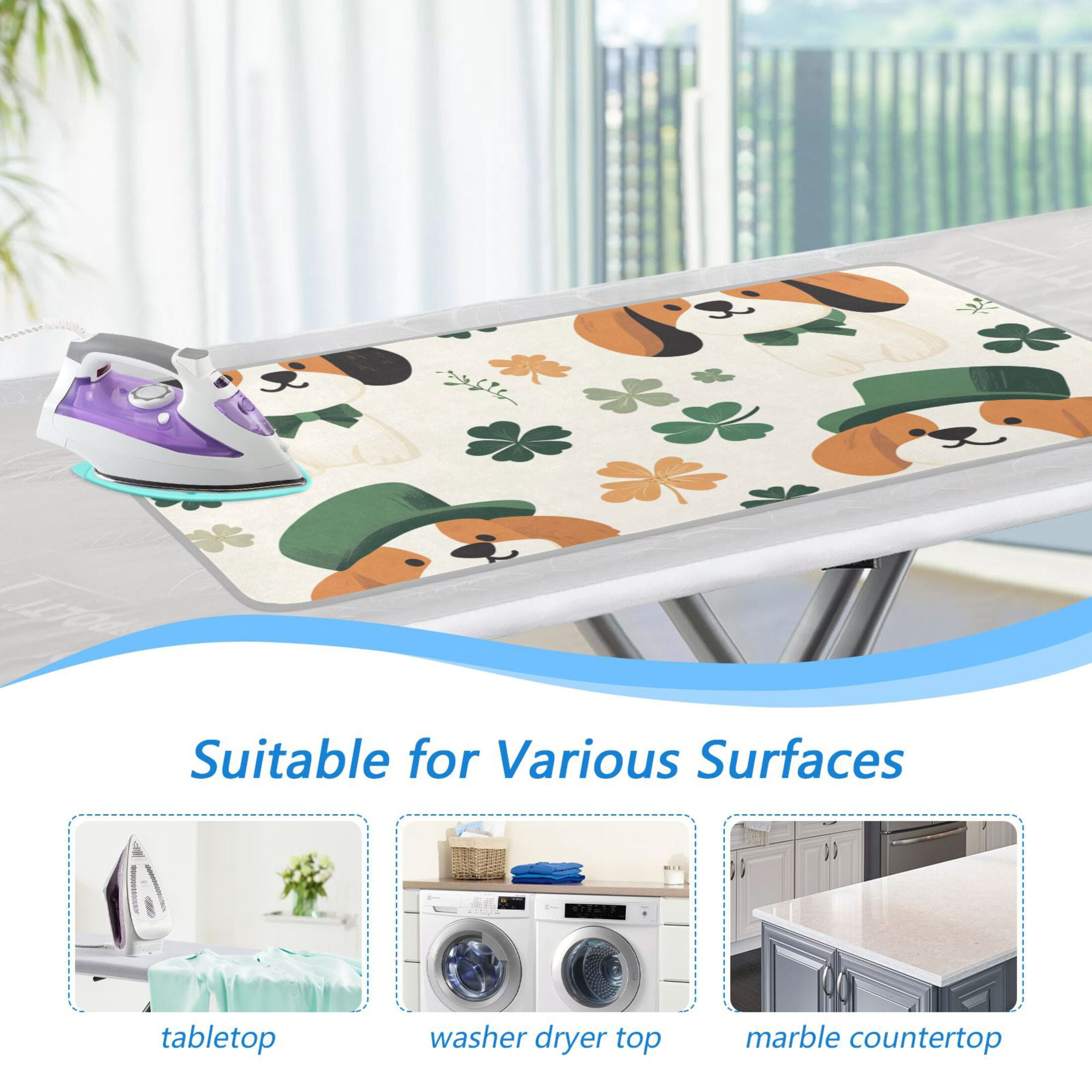 Four Leaf Clover Dogs Ironing Board Covers Heat Resistant Ironing Pad Mat Portable for Travel Washer Dryer Table