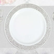 Efavormart 50 Pack - 10" Elegant Royal White Plastic Disposable Dinner Plates Round with Silver Lace Design Rim