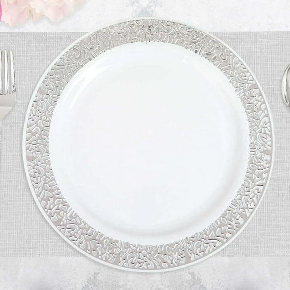 Efavormart 50 Pack - 10" Elegant Royal White Plastic Disposable Dinner Plates Round with Silver Lace Design Rim
