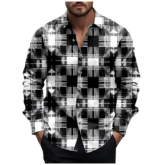 RongHuan Men's Flannel Plaid Shirts Lightweight Stylish Printed Toips Fashion Button Down T-Shirt Casual Long Sleeve Lapel Shirt