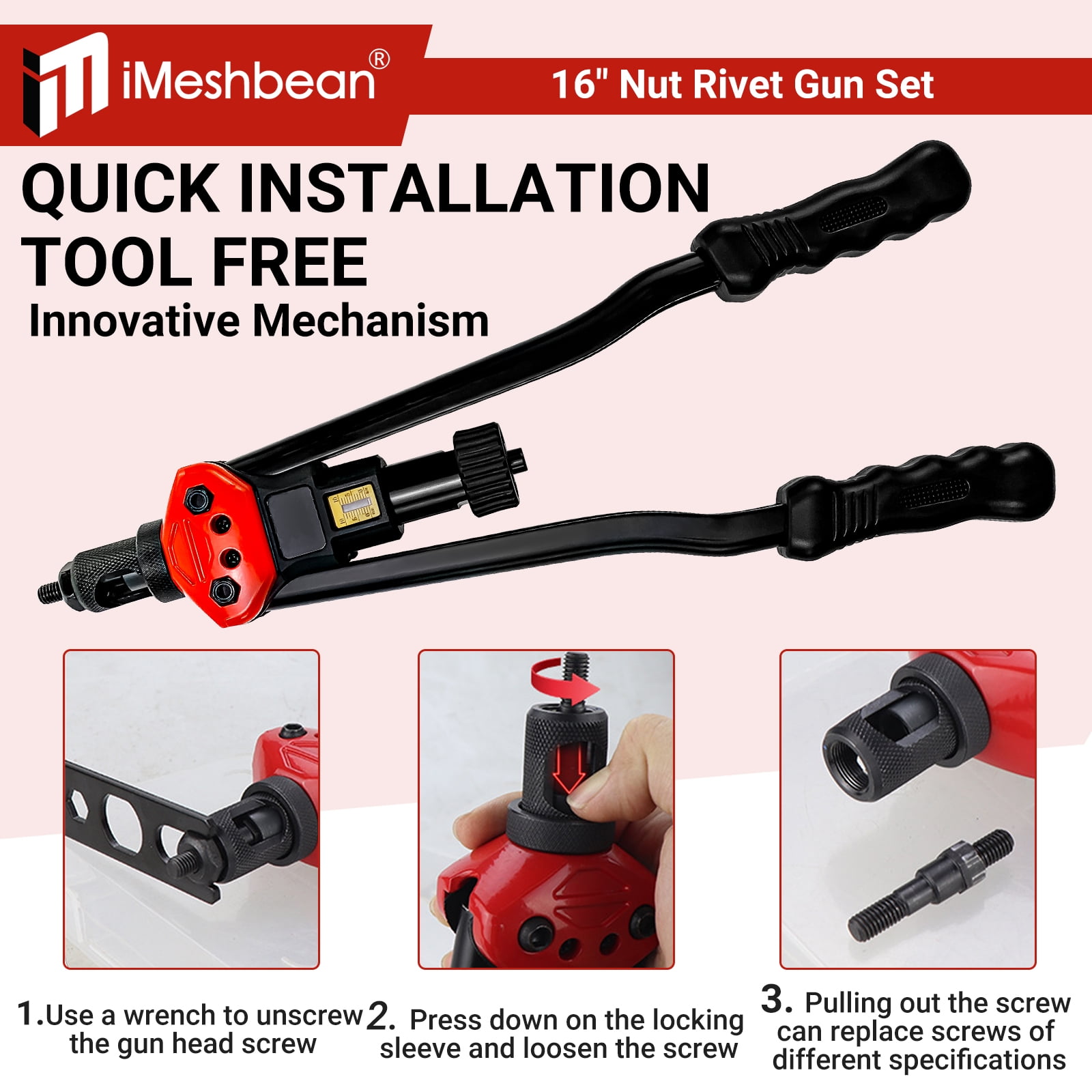 iMeshbean Rivet Nut Gun Kit Rivnut Setting Tools Nut Setter Tool Hand Blind Riveter 16"