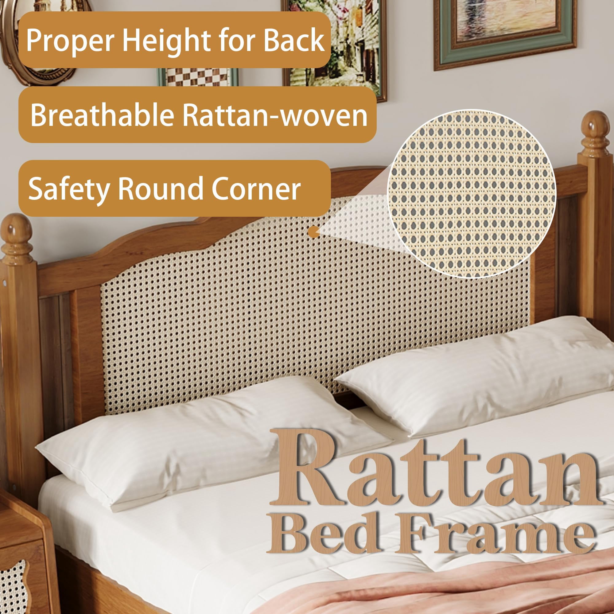 Aukfa Solid Wood Queen Size Bed Frame with Natural Rattan Headboard, Walnut