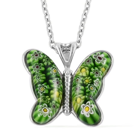 - Murano Glass Green Butterfly Flower Chain Pendant Fashion Necklace Stainless Steel Jewelry 24