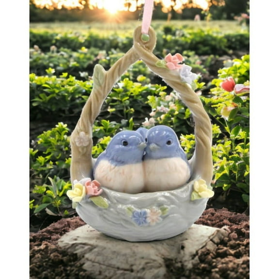 Ceramic Blue Birds in Basket Ornament 2.875 x 2.625 x 4 Home Gift