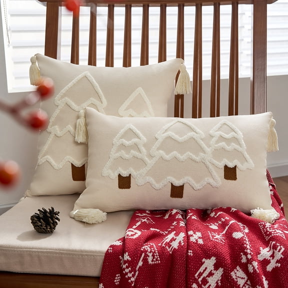 Christmas Tree Throw Pillows Set of 2 - Cream Soft Linen Cushions with 3D Embroidery | Holiday Home Decor