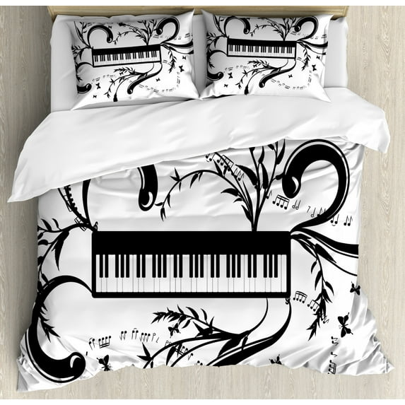 Music Note Duvet Cover Set King Size, Electronic Musical Burst Effect with Butterflies Swirls and Branches, Decorative 3 Piece Bedding Set with 2 Pillow Shams, Charcoal Grey White, by Ambesonne