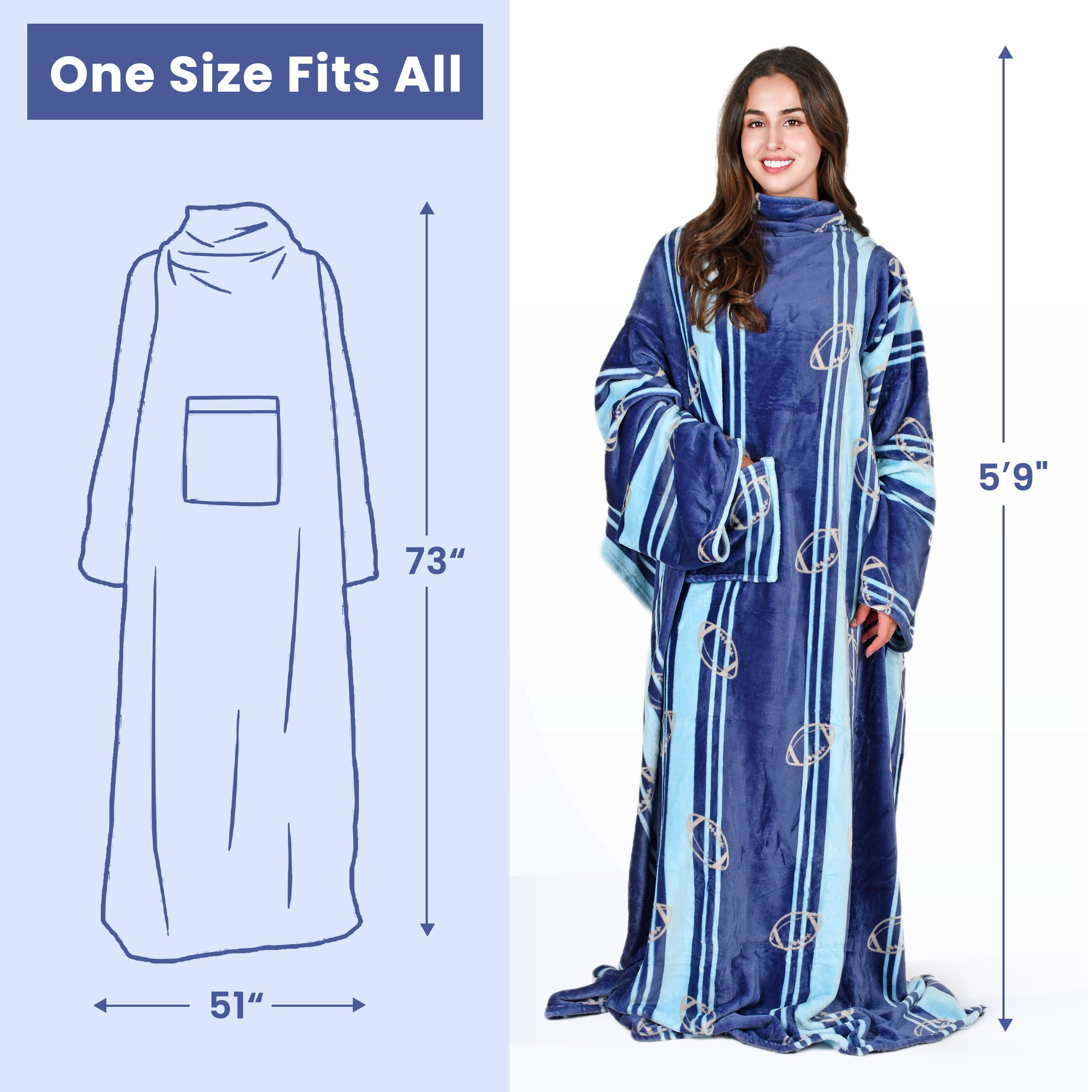 Tirrinia Wearable Fleece Blanket for Women & Men, Super-Soft Microplush TV Blanket Adult Wrap Full Body Robe for Lounge Couch, Blue Football Fiel, 73" x 51"