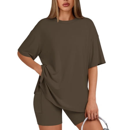 SUNBS Two Piece Lounge Set for Women Outfit Sets Casual Oversized Shirts Biker Shorts Matching Sets