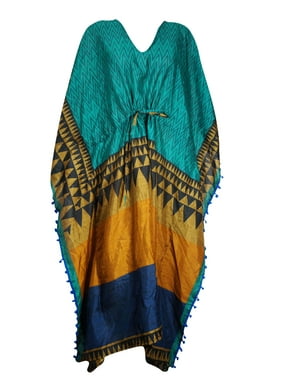 Mogul Boho Love Collective Pom Pom Kaftans TEAL Blue Printed Summer Caftan Dress 3X