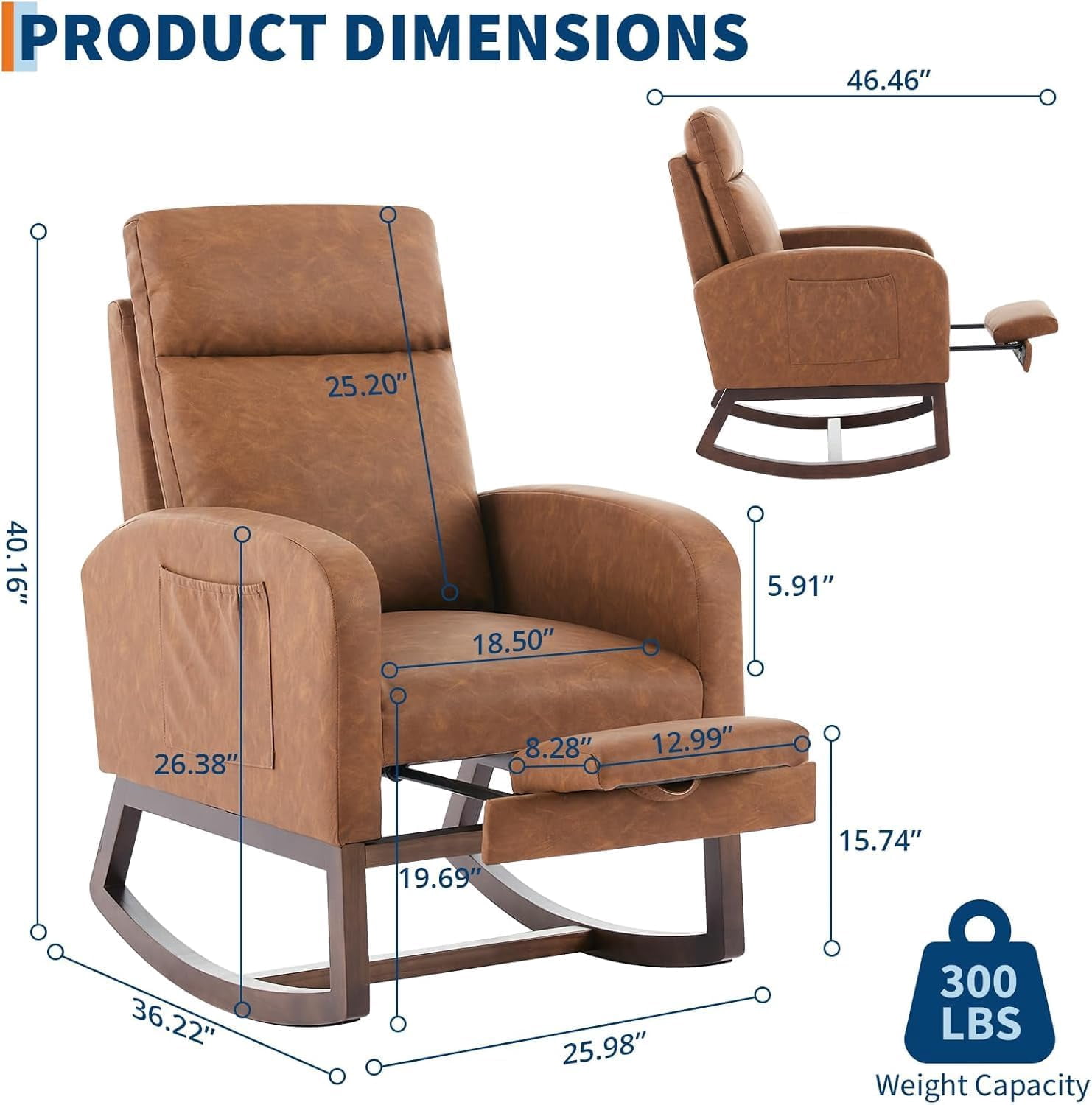 TEQIN Rocking Chair with Foot Rest, Modern Upholstered Reading Glider Rocker Accent Armchair with High Backrest, Rocker Glider Chair With Padded Seat, Side Pocket for Living Room, Bedroom