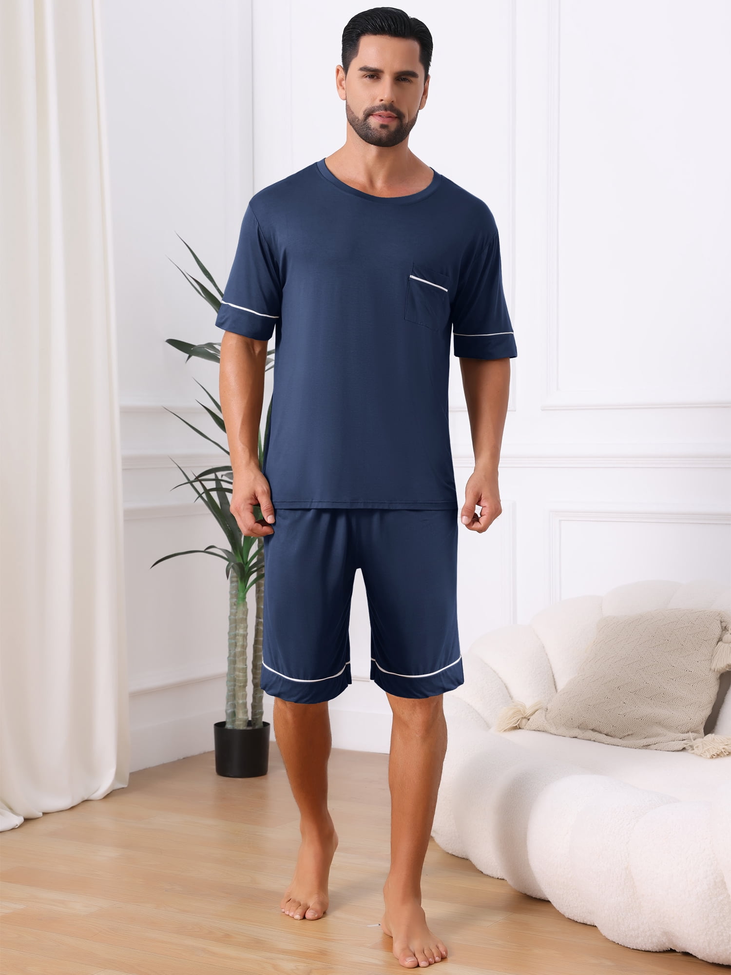 DARING DIVA Men's Soft Nightwear Summer Crew Neck Pajama Set with Pockets L Dark Blue