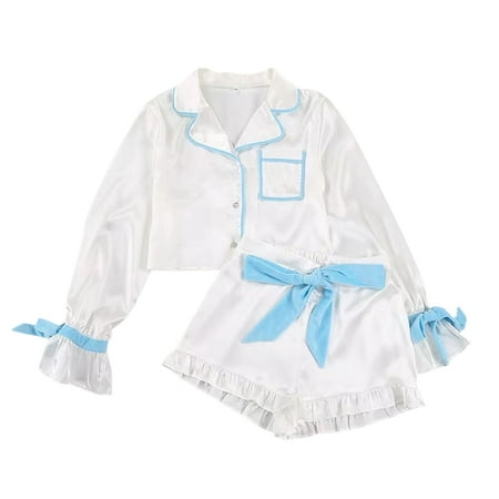 

Women Satin Pajama Shorts Set Summer Long Sleeve Button Down Crop Shirt + Ruffle Shorts Loungewear for Teen Girl