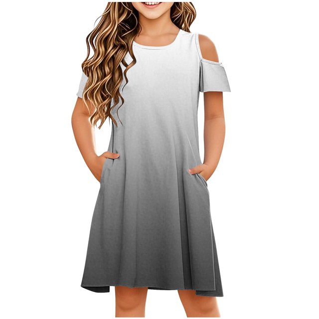Swstbby Liquidation d'Économies d'Été 2025! Robe d'Été pour Filles, Robe Sans Manches Extensible pour Filles, Robe Trapèze Tournoyante Style Patineuse pour Récital d'École, Robe à Manches Courtes à Col Rond Noire 7-8 Ans