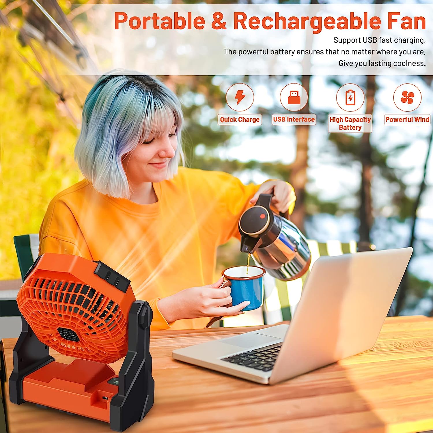 TJWLP Camping Fan Rechargeable, 10400mAh Portable Battery Operated Camping Fan for Tents, Hangable USB Silent Camping Fans with LED Lantern, Suitable for Fishing, Camping, Bedroom, Workplace