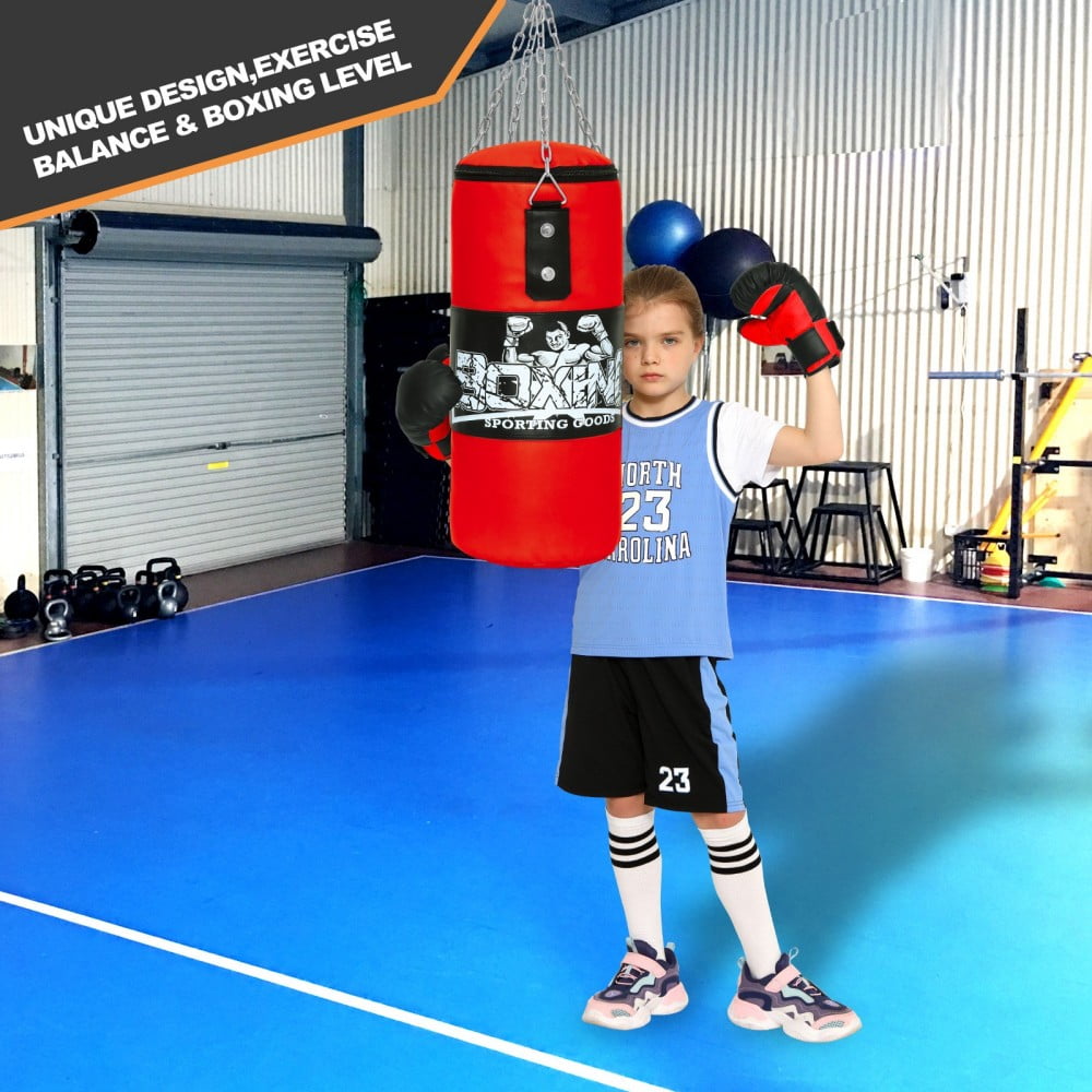 Kids Boxing Punching Bag Set - 2ft Leather Heavy Boxing Bag with Gloves & Bandage for Kids Children Youth Boxing, MMA, Home Gym & Martial Arts Training Equipment (Unfilled), Red