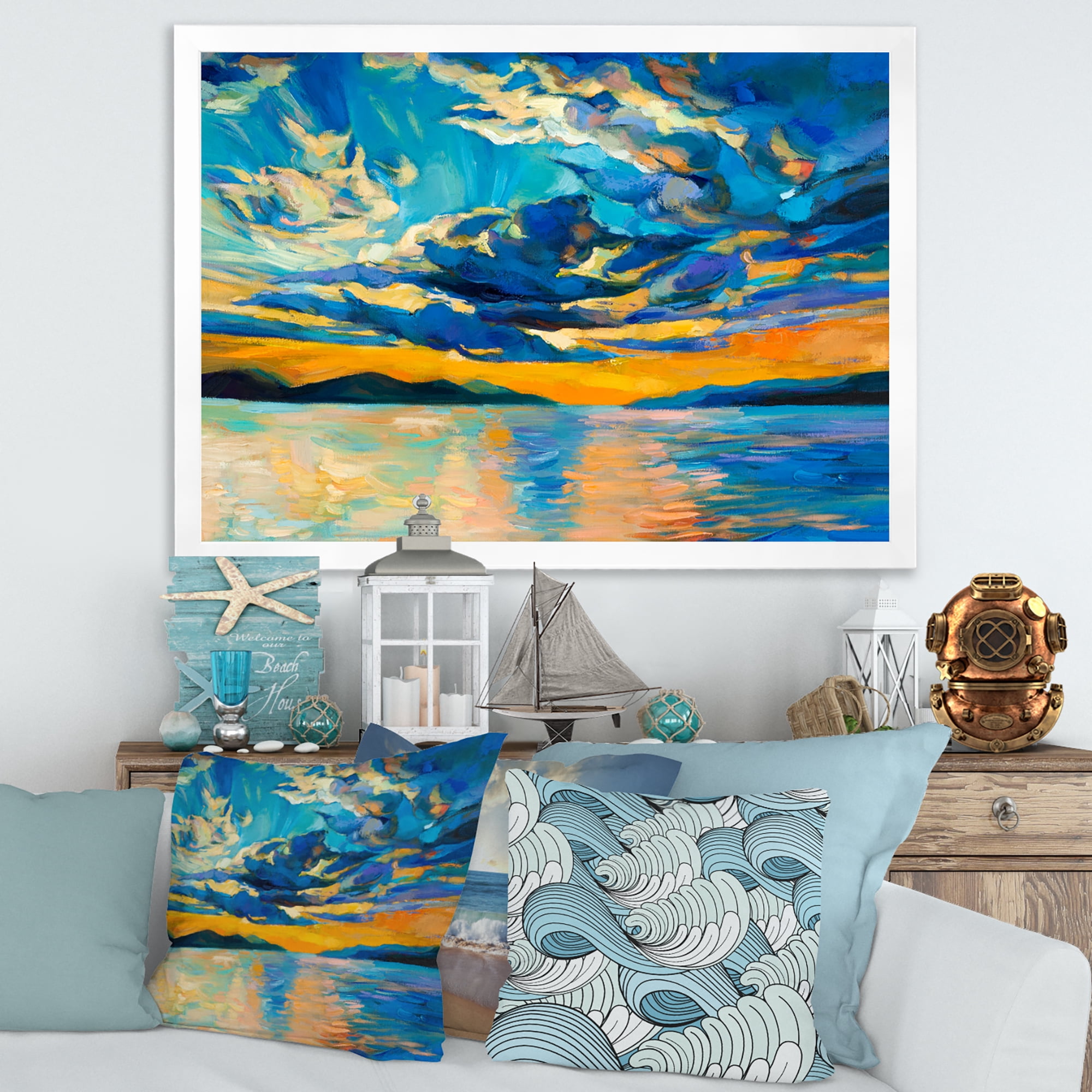 Designart 'Cloudy Sunset Over Wide Open Ocean Horizon' Nautical & Coastal Framed Art Print