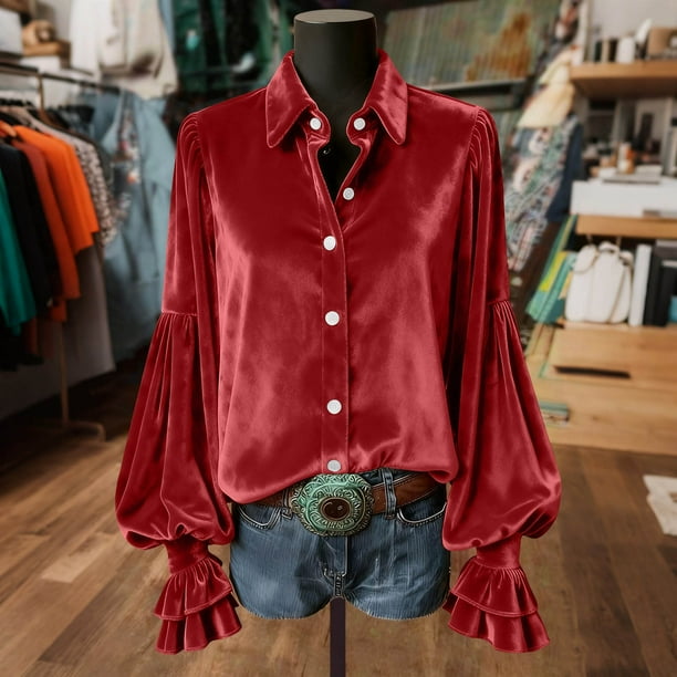 Ounisa Women's Velvet Tops Dressy Casual Long Sleeve Smocked Work Blouses Trendy Blusas Elegantes Button Down Shirts