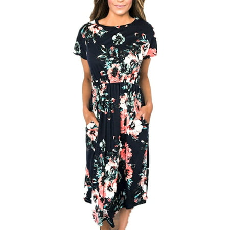 YONYWA - Summer Short Sleeve Floral Print Women Casual Knee-length ...