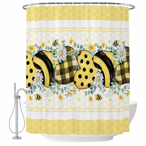 Bee Daisy Shower Curtains for Bathroom, Waterproof Fabric Bath Curtains Decor, Bath Tub Curtain Botanical Eucalyptus Leaves Spring Love Yellow Decorative Shower Curtain Sets with 12 Hooks, 72x72 Inch